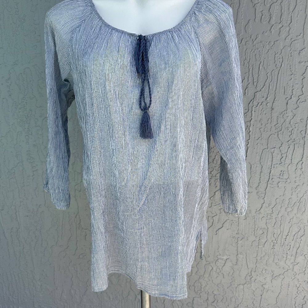 Tommy Bahama Gauze Peasant Blouse Blue/White Striped M EUC​